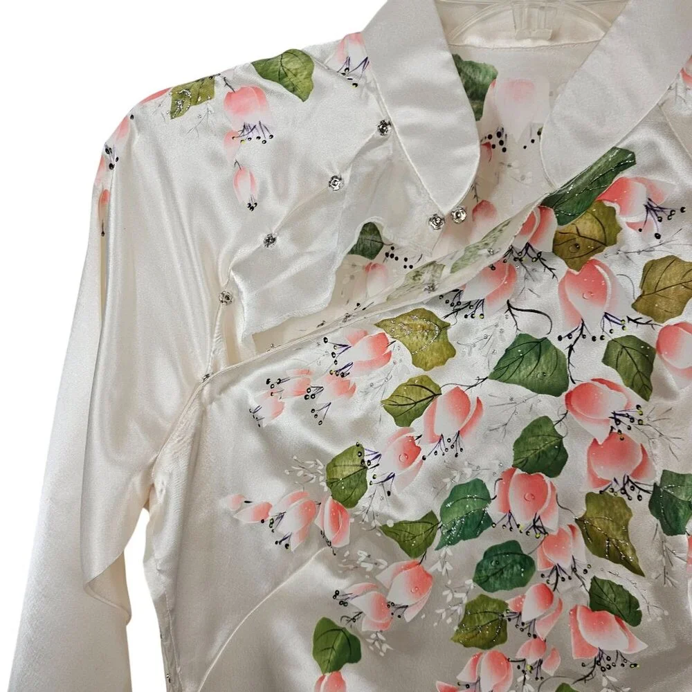 VTG Robe + Pant Sleepwear Set White Satin Floral Soft Loungewear Retro MCM OS